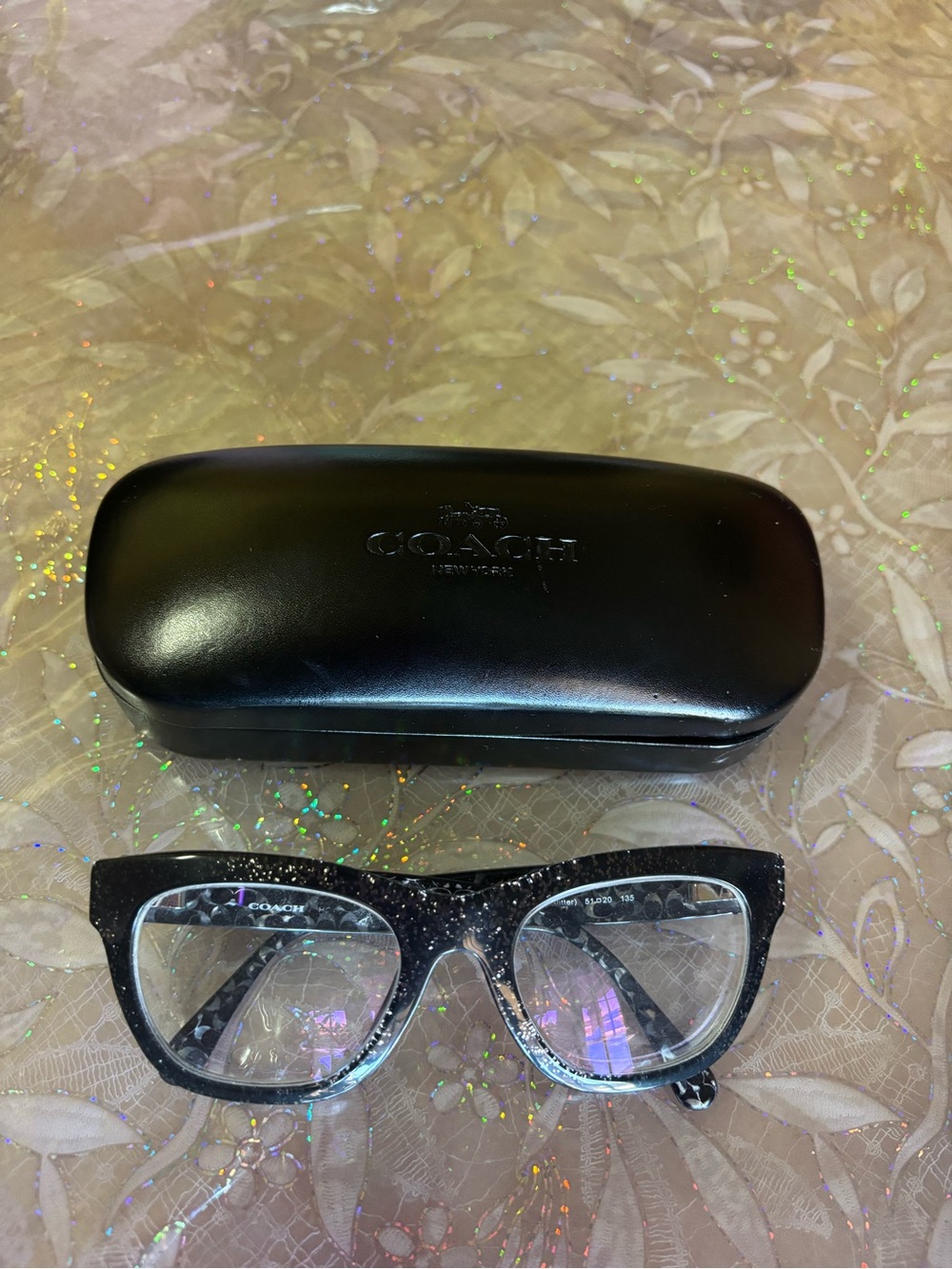 Coach Black Glitter Square Prescription Eyeglasses with Patterned Arms